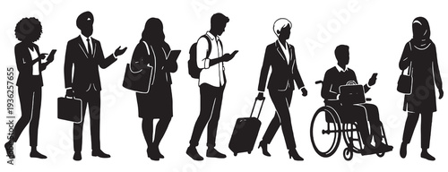 Diverse group of people in silhouette, including a person in a wheelchair, commuting and working.