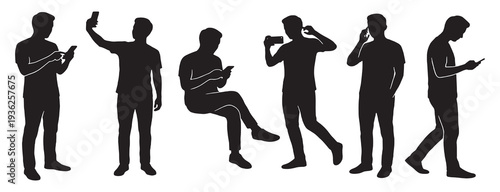 Collection of Silhouettes of Men Interacting with Smartphones in Various Poses and Activities.