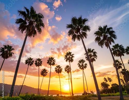 Wallpaper Mural Low-angle view of palm trees against a sunset sky. The golden sun illuminates clouds. Silhouette of trees and small hills Torontodigital.ca