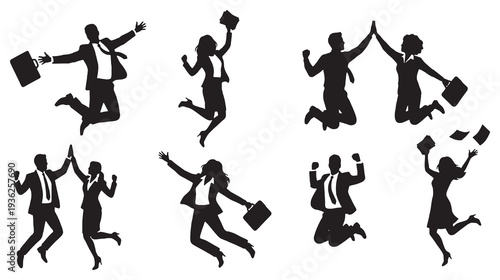 Silhouettes of business people jumping and celebrating success, conveying joy and achievement in a professional setting.