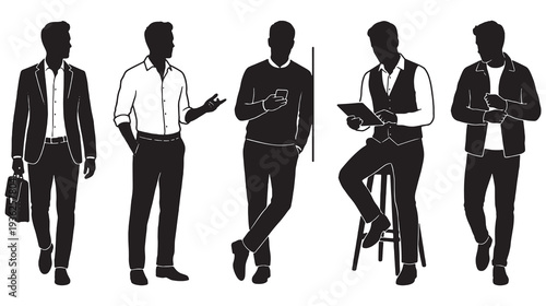 Collection of five diverse male silhouettes in business attire, showcasing different poses and activities.