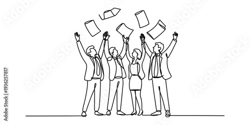 A group of five people celebrating success by throwing papers in the air, depicted in a continuous line art style. Vector, illustration
