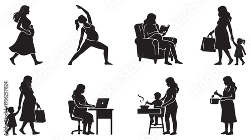 Collection of Silhouette Illustrations Depicting Pregnant Women Engaged in Various Daily Activities and Lifestyles.