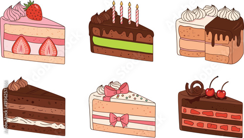 Gourmet Cake Slice and Celebration Dessert Set Featuring Strawberry Chocolate and Cherry Topped Pastry Portions