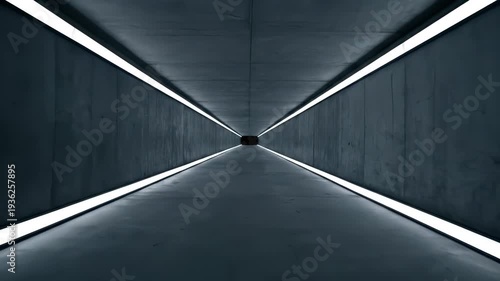 Geometric tunnel vision: An expansive architectural marvel. A long, dark tunnel with converging lines and a stark contrast of light and shadow, creating a captivating visual effect.