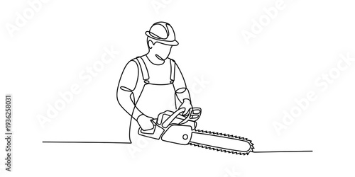 A continuous line drawing of a worker wearing a hard hat and overalls, operating a chainsaw Vector, illustration