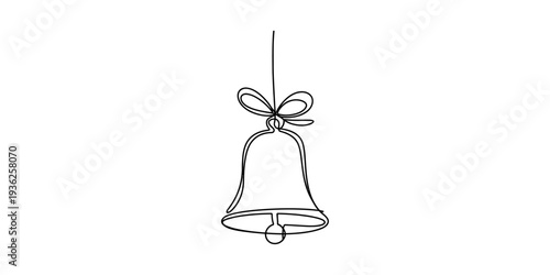 Minimalist continuous line drawing of a decorative bell hanging from a string with a ribbon bow Vector, illustration