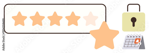 Customer satisfaction, online reviews, data protection, scheduling, secure services, quality assurance. Five-star rating bar, lock symbol and calendar icon . Customer satisfaction and online reviews