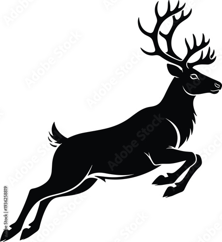 Deer silhouette vector illustration, leaping stag with large antlers in dynamic motion for wildlife art, design, logo, tattoo