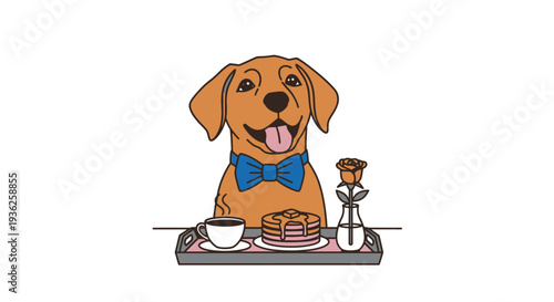Dog with Bow Tie Enjoying Breakfast and Dessert at a Tray