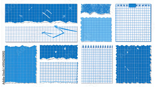 Trendy halftone torn paper collage set with blue grid notebook texture, ripped edges, tape pieces, and doodle arrows, modern retro editable vector isolated on white.
