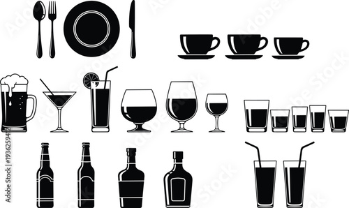 Dining and drinking silhouettes collection featuring utensils, cups, glasses, bottles, and beverages, vector illustration for restaurant, bar, hospitality, and menu design