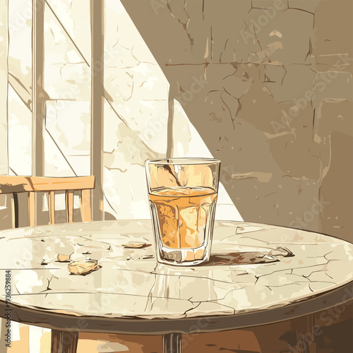 Broken glasses resting on a table with sunlight illuminating cracks and reflections in a dimly lit room during the afternoon , vector style simple color