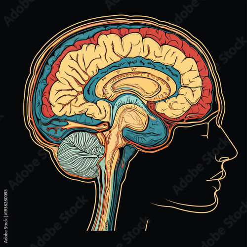 Illustration showing human brain anatomy with frontal lobe highlighted and black background , vector style simple color