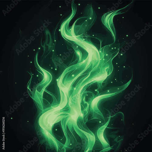 Sizzling green flames dance against a dark backdrop, creating a striking visual display of fire and vibrant color in an artistic arrangement , vector style simple color