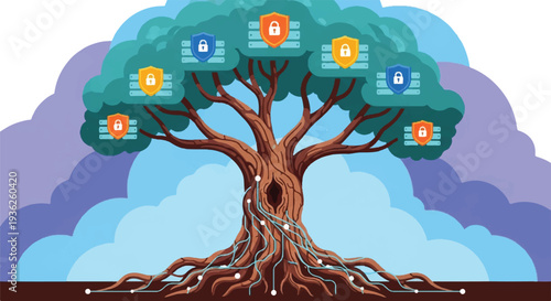 Abstract illustration of a strong, secure data tree with interconnected roots and digital shields on branches