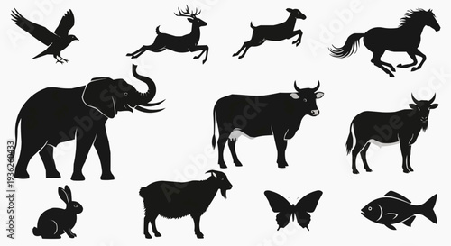 Collection of various wild animal silhouettes on a white background