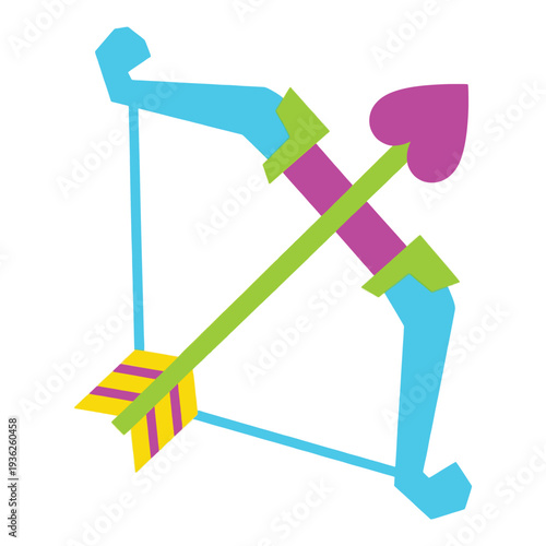 Vibrant graphic illustration of a Cupid's bow and arrow, featuring a blue bow and a green arrow with a heart-shaped tip, symbolizing love and romance.