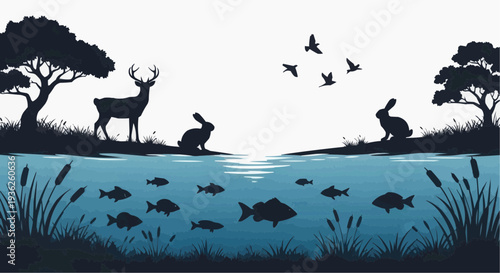 Wildlife scene with animals in natural habitat by a river