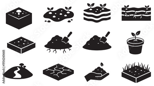 Set of icons representing different soil types, layers, and plant growth stages.