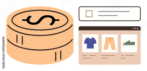 E-commerce, online shopping, payment methods, retail, digital transactions, business services. A coin with a dollar symbol and a digital shopping interface. E-commerce and online shopping concept