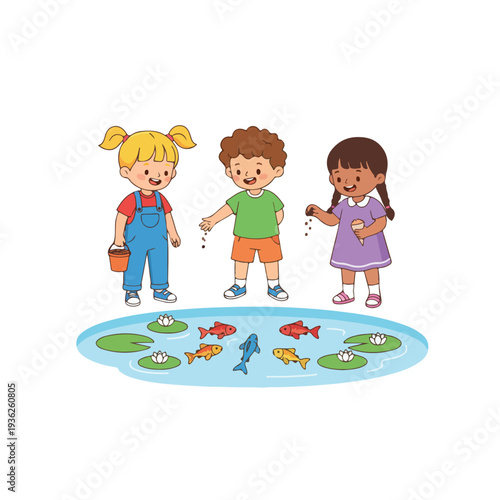 Three diverse children happily feed colorful fish in a serene pond adorned with floating lily pads and white water lilies.