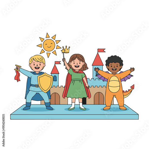 Three diverse children in fantasy costumes—a knight, princess, and dragon—play in front of a whimsical castle with a smiling sun.