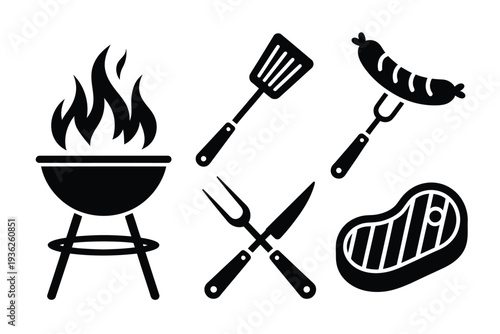 Barbecue grill with cooking utensils, steak, and sausage on fork