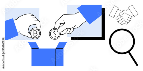 Hands placing coins into a box, handshake representing partnership, and magnifying glass symbolizing analysis. Ideal for teamwork, donation, crowdfunding, investment, partnership, business growth