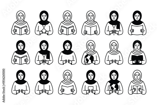 Diverse women in hijab reading books and engaging with global ideas, representing education and empowerment.