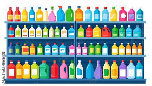 Colorful household cleaning products vector set with detergent bottles, spray containers, and supermarket shelf display illustration