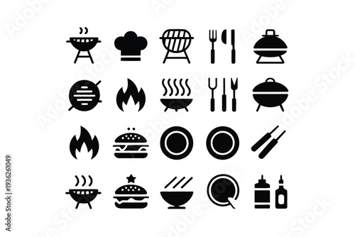 Collection of stylized icons representing barbecue, cooking, and dining essentials