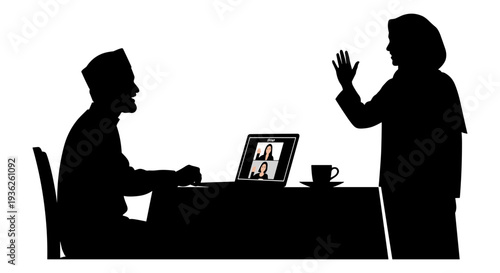 Two individuals engaged in a discussion over a laptop in a professional setting Vector, illustration