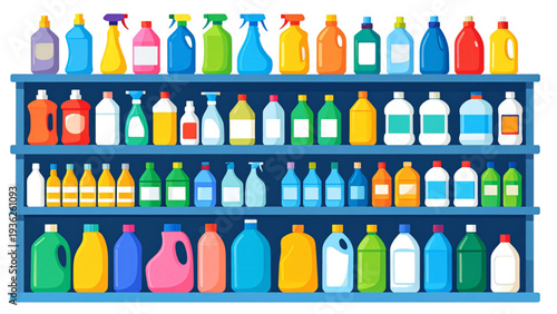 Colorful household cleaning products vector set with detergent bottles, spray containers, and supermarket shelf display illustration