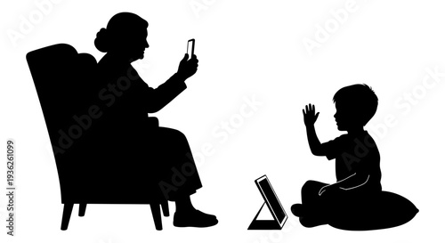 A grandmother reading to a young child with a tablet nearby in a cozy setting. Vector, illustration