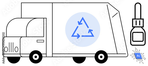 Sustainability, recycling processes, waste management innovation, eco-friendly logistics, AI technology, environmental efficiency. A truck with recycling symbol and connected AI technology