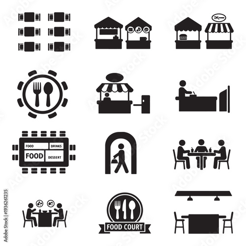Collection of food court and restaurant icons representing dining, service, and food stalls.