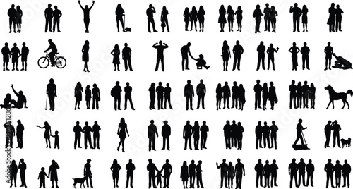 Human silhouettes diverse activities, group interactions vector illustration, modern lifestyle design elements, artistic social behavior profiles collection