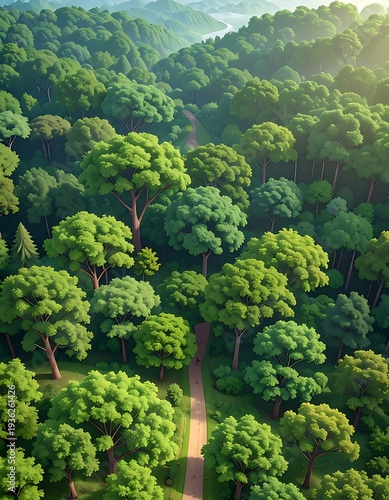 Wallpaper Mural Lush aerial view captures a forest canopy with diverse green foliage. A dirt path winds through trees, leading toward distant mountains Torontodigital.ca