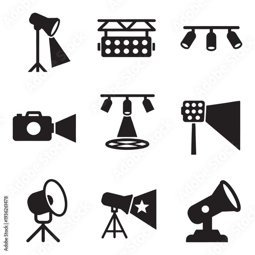 Collection of various spotlight and lighting icons, representing different types of stage and studio lighting equipment.