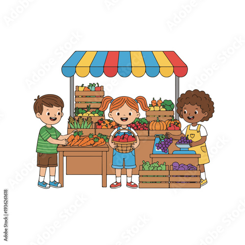 Three diverse children are actively involved at a bustling market stall, selling and buying various colorful fruits and vegetables under a striped canopy.