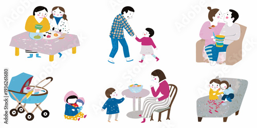 Illustrative scenes depict family interactions and moments throughout daily life