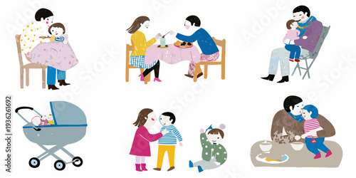 Illustrations depicting various tender moments between parents and children