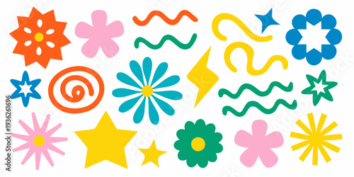 Colorful abstract shapes and floral designs arranged on a white background