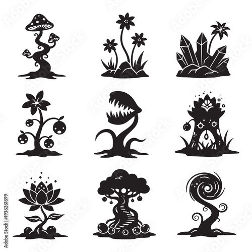 Collection of stylized fantasy plants and magical elements in silhouette, perfect for game design or illustration.