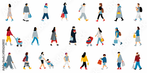 Diverse group of stylized people walking in various casual outfits