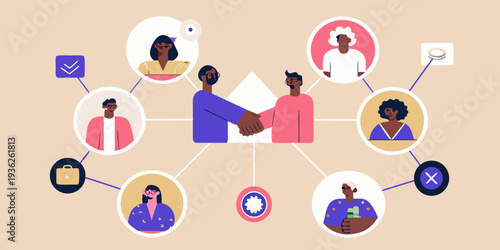Diverse group of people connected by a central handshake illustration