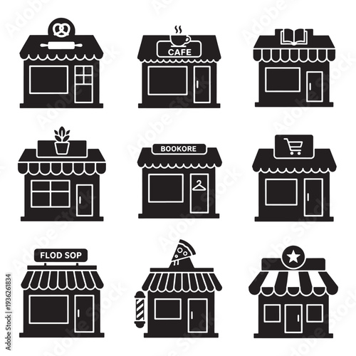 Collection of diverse shop storefront icons, representing various businesses like cafes, bookstores, and bakeries.
