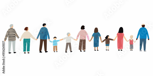 A diverse group of people holding hands in a connected line