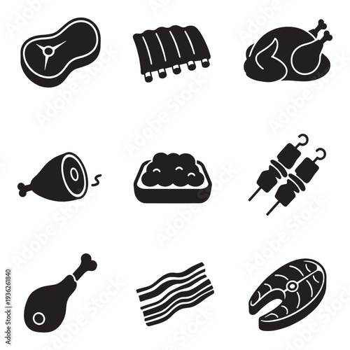 Collection of stylized black icons representing various types of meat and fish dishes, perfect for culinary themes.